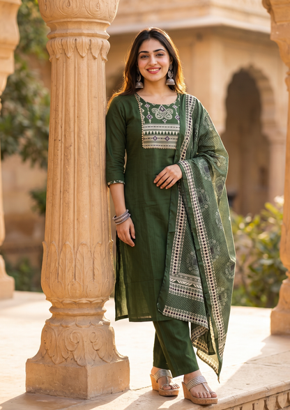 Green Mirror Work Cotton Blend Kurta and Pant Set with Dupatta