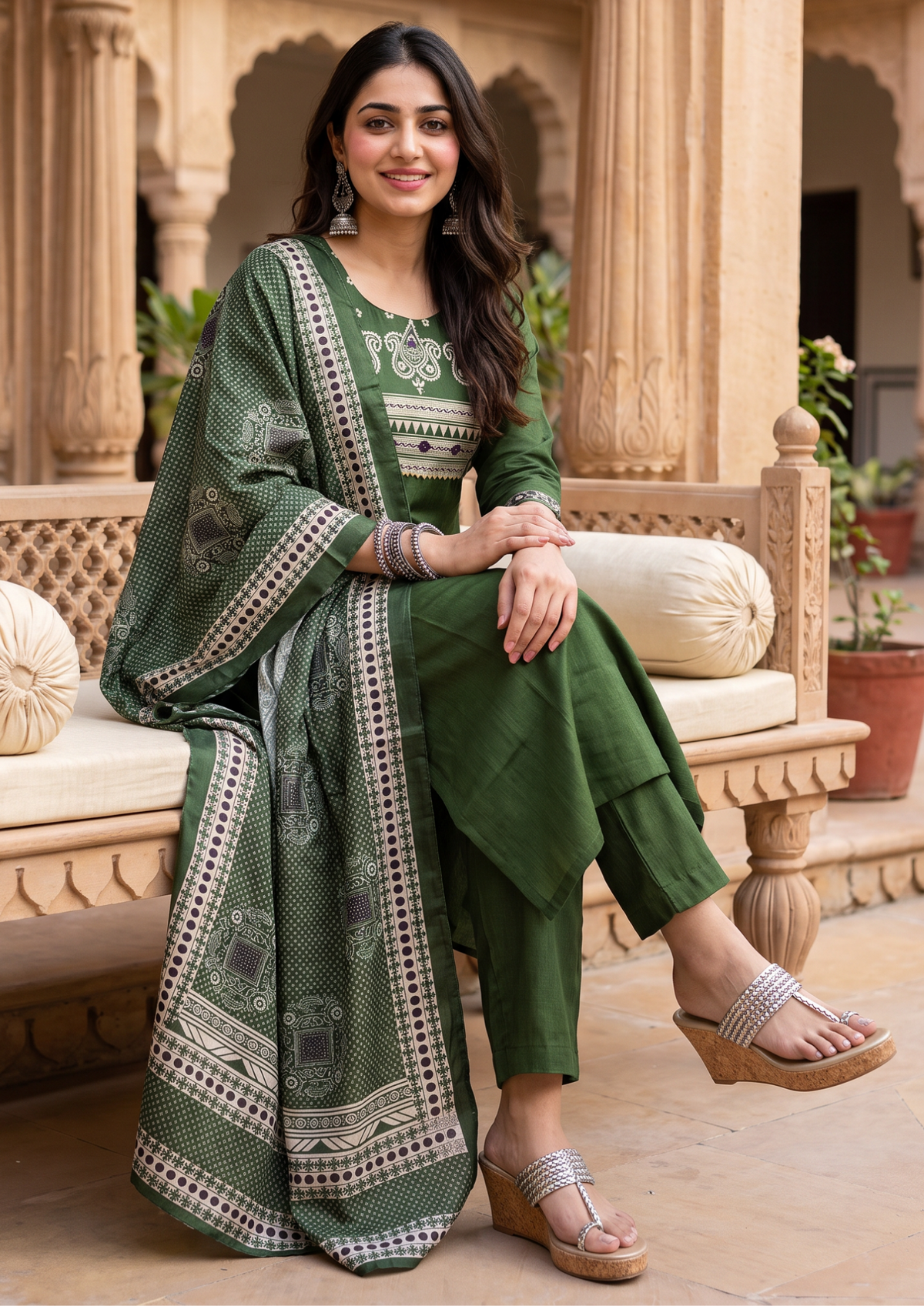 Green Mirror Work Cotton Blend Kurta and Pant Set with Dupatta