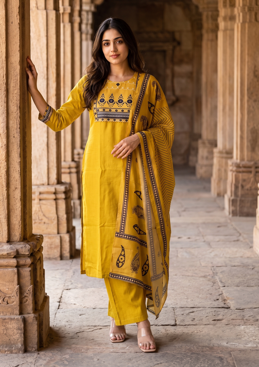 Mustard Mirror Work Cotton Blend Kurta and Pant Set with Dupatta