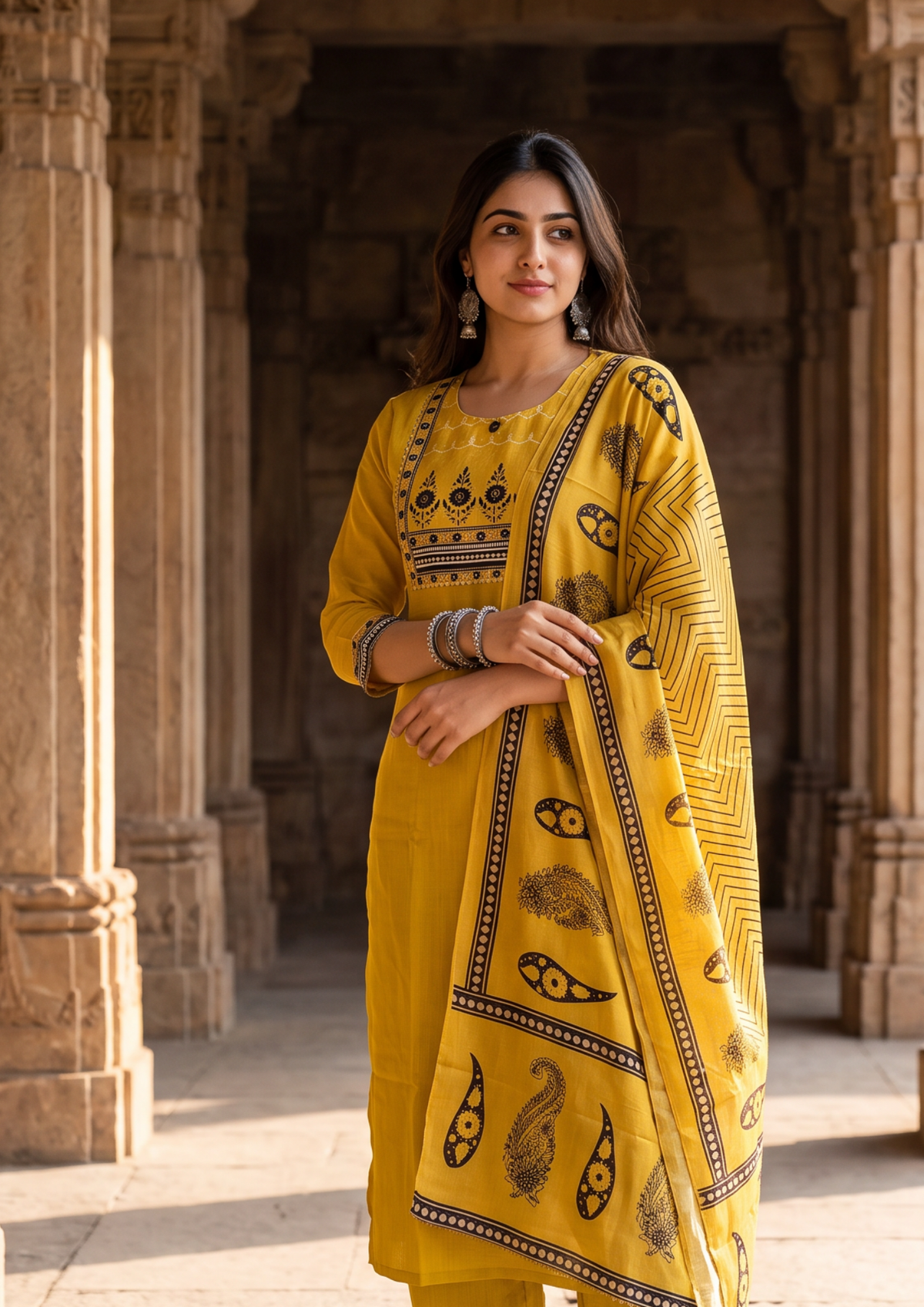 Mustard Mirror Work Cotton Blend Kurta and Pant Set with Dupatta