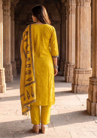 Mustard Mirror Work Cotton Blend Kurta and Pant Set with Dupatta