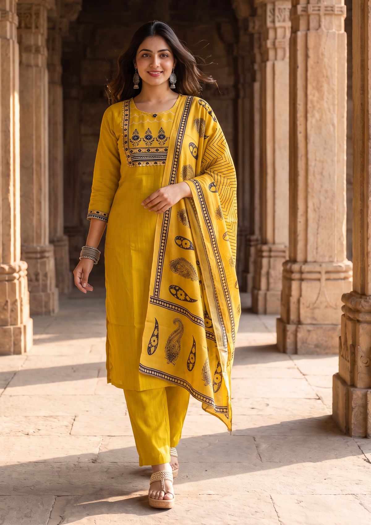 Mustard Mirror Work Cotton Blend Kurta and Pant Set with Dupatta