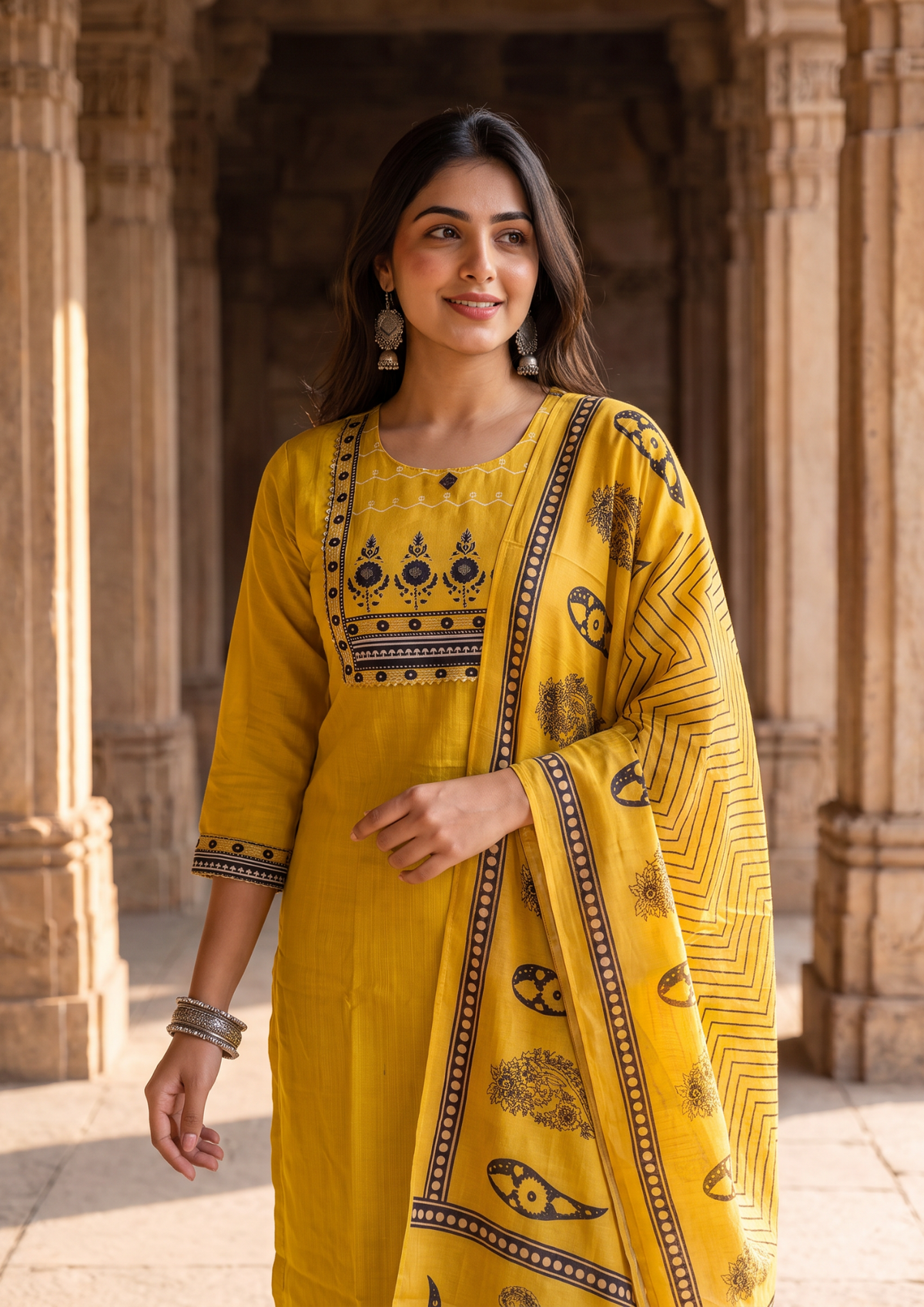 Mustard Mirror Work Cotton Blend Kurta and Pant Set with Dupatta