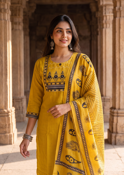 Mustard Mirror Work Cotton Blend Kurta and Pant Set with Dupatta