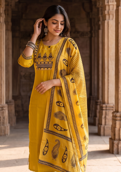 Mustard Mirror Work Cotton Blend Kurta and Pant Set with Dupatta