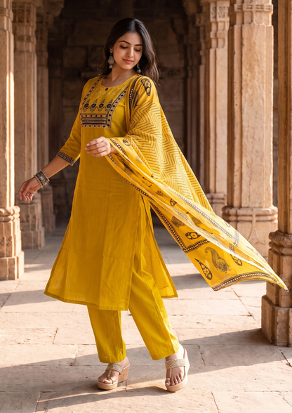 Mustard Mirror Work Cotton Blend Kurta and Pant Set with Dupatta