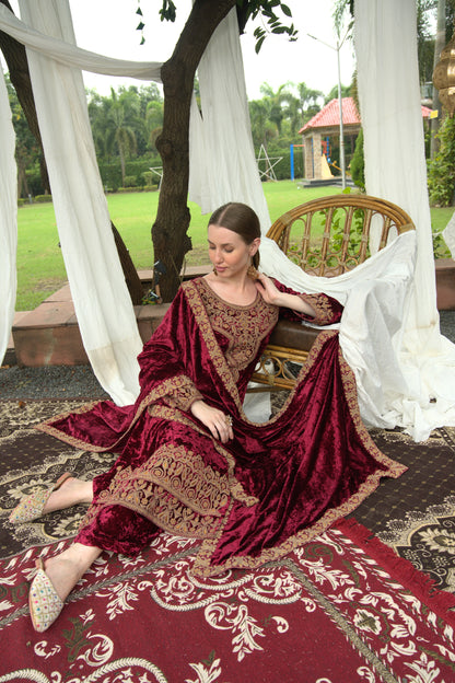 Maroon Designer Velvet Pakistani Suit Set