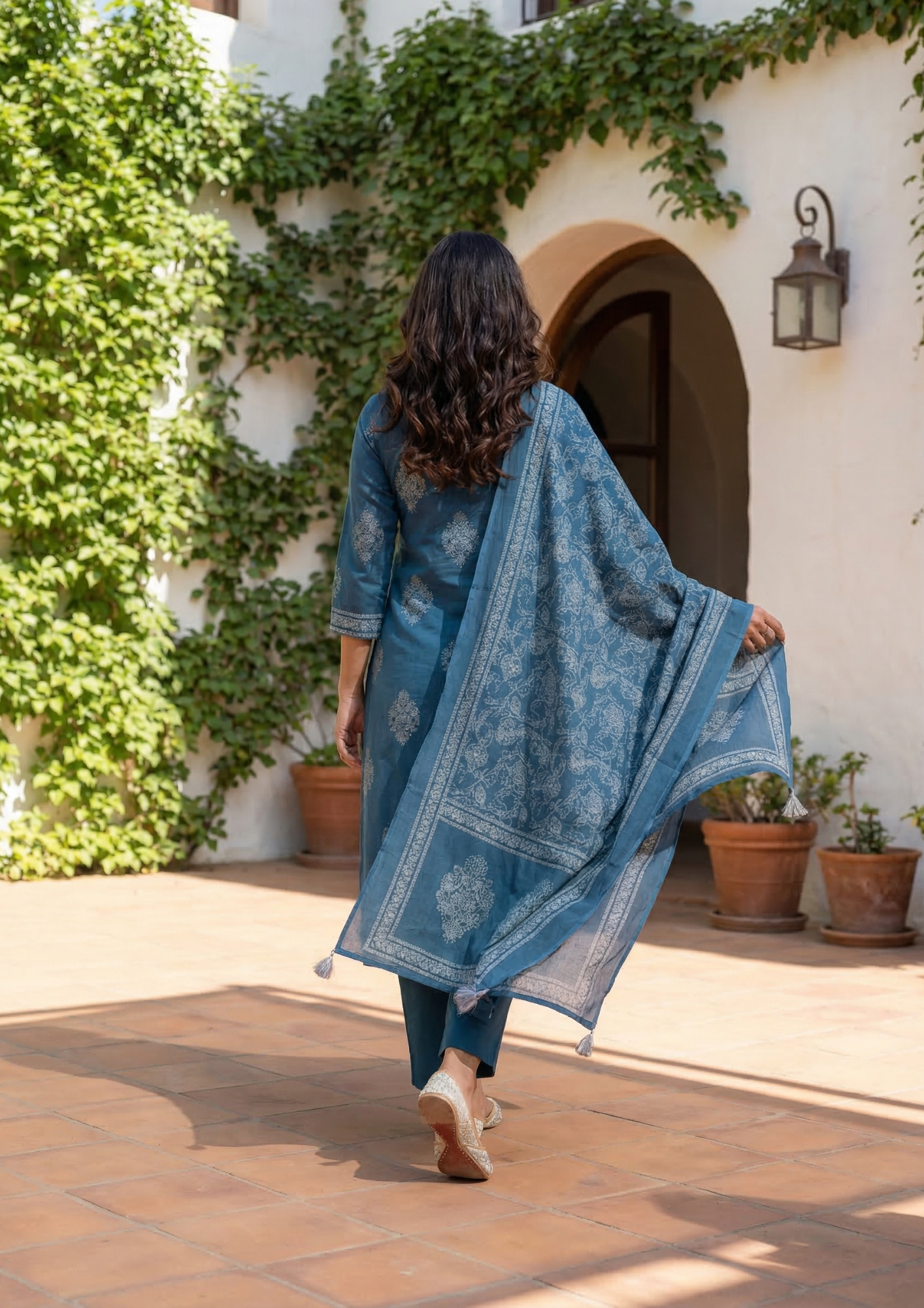 Dusk Blue Cotton Kurta And Pant Set With Mulmul Dupatta
