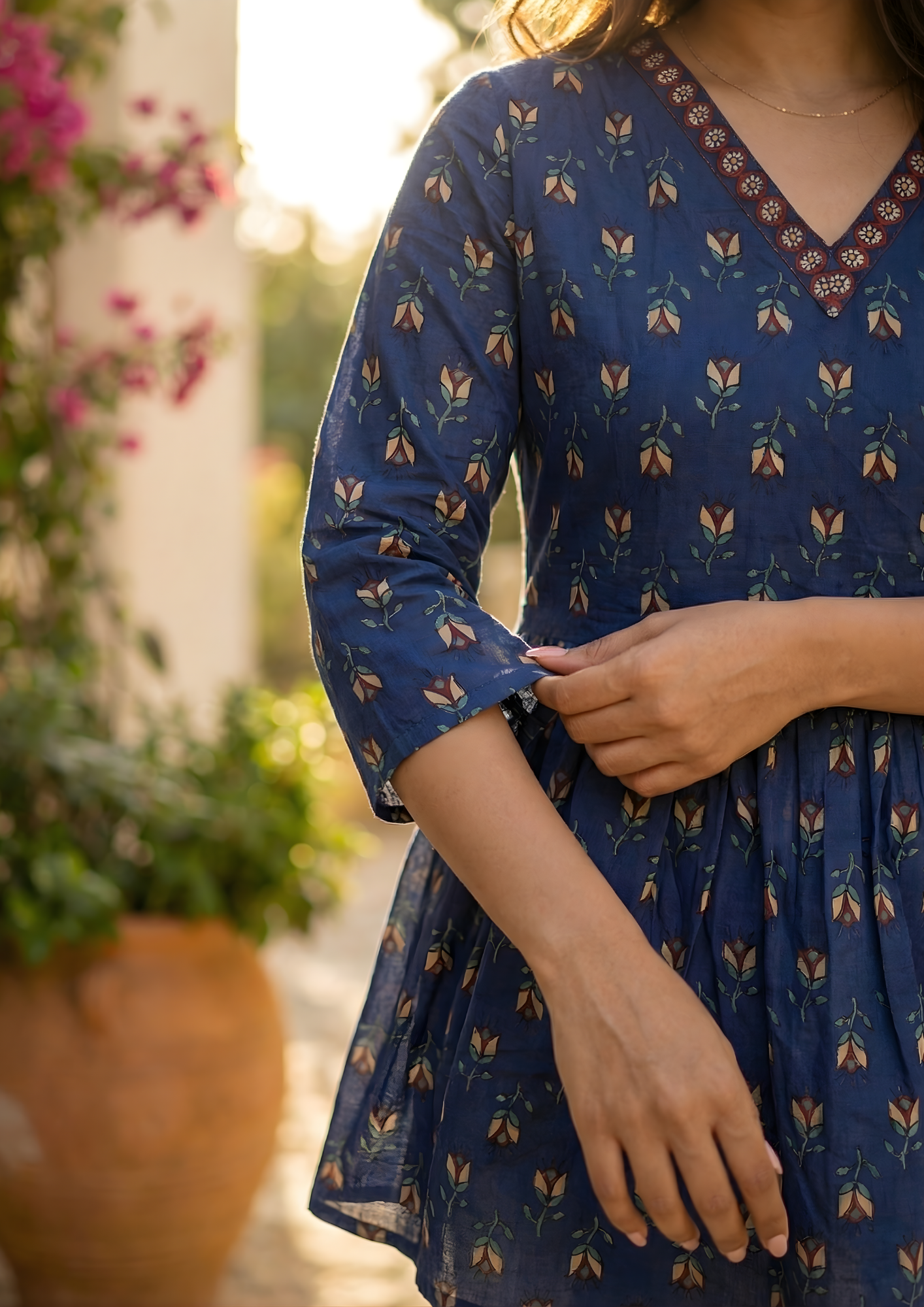 Blue Floral Printed Cotton Short Kurti