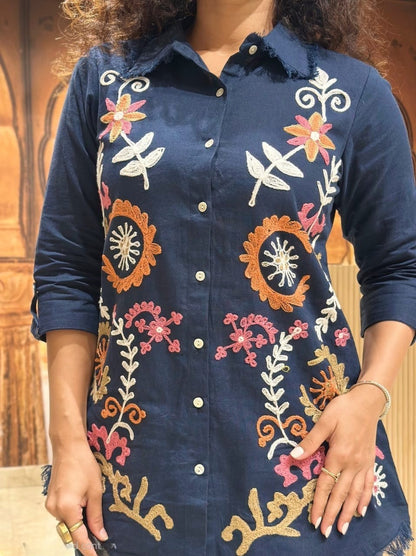 Navy Embroidered Cotton Slub Co-Ord Set