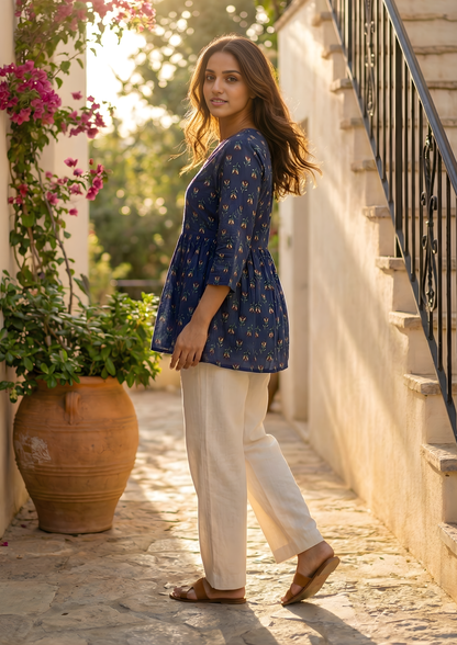 Blue Floral Printed Cotton Short Kurti