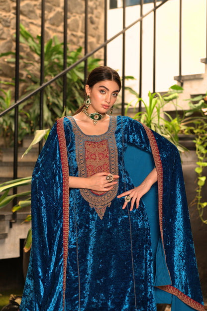 Blue Designer Velvet Pakistani Suit Set