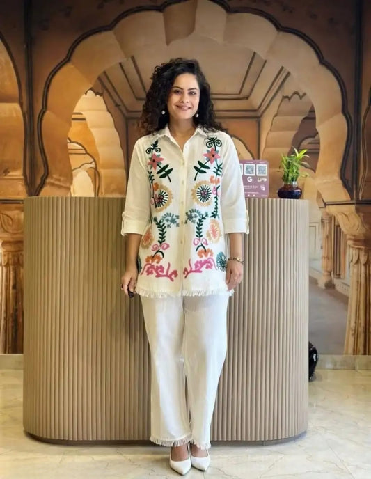 White Embroidered Cotton Flex Co-Ord Set