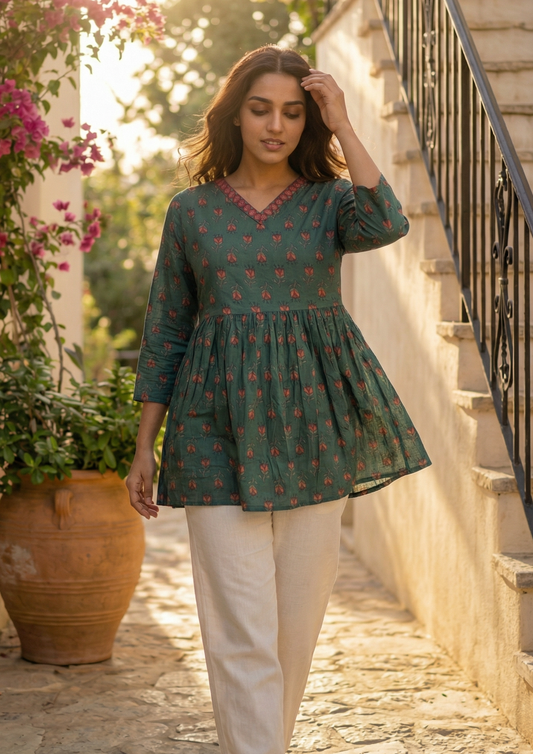Green Floral Printed Cotton Short Kurti