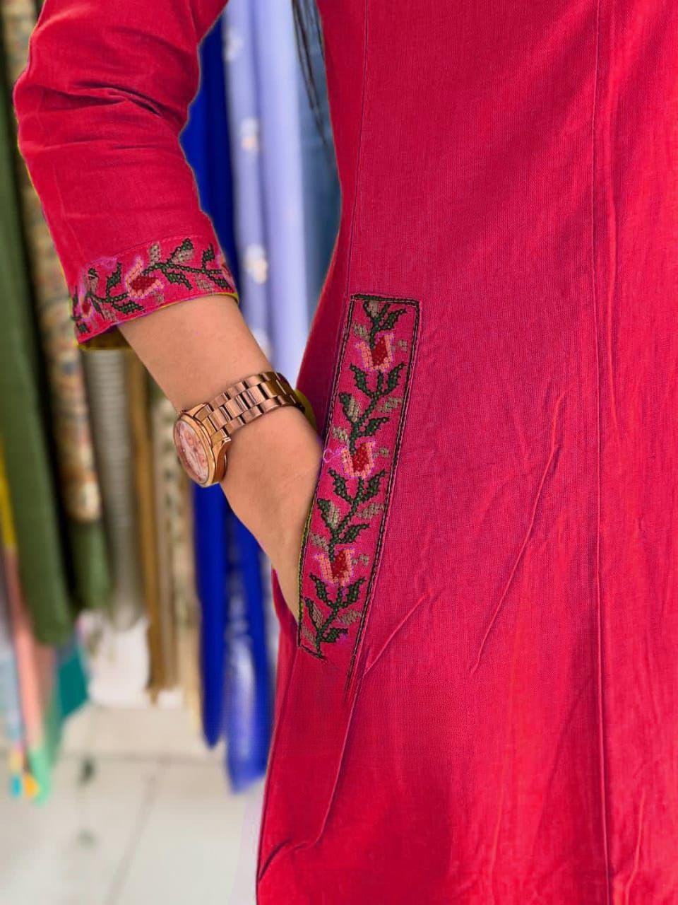 Red Embroidered Cotton Flex Kurta and Pant Set