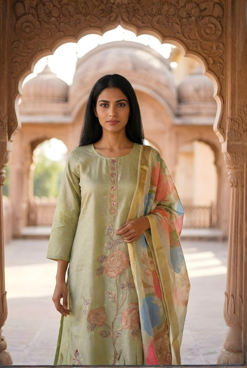 Green Smoke Embroidered Poly Jaquard Suit Set with Dupatta