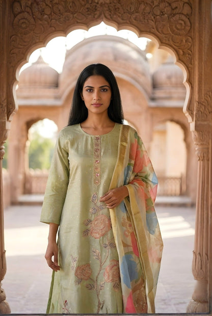 Green Smoke Embroidered Poly Jaquard Suit Set with Dupatta