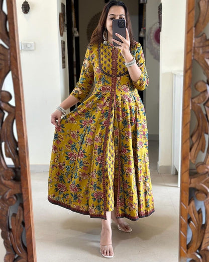 Mustard Floral Printed Cotton Anarkali Gown with Dupatta