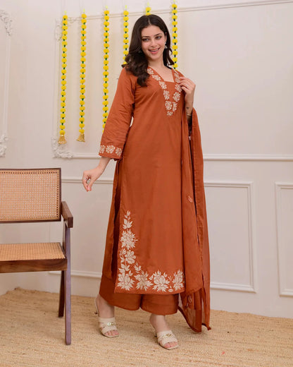 Rust Orange Embroidered Cotton Kurta and Pant Set with Dupatta