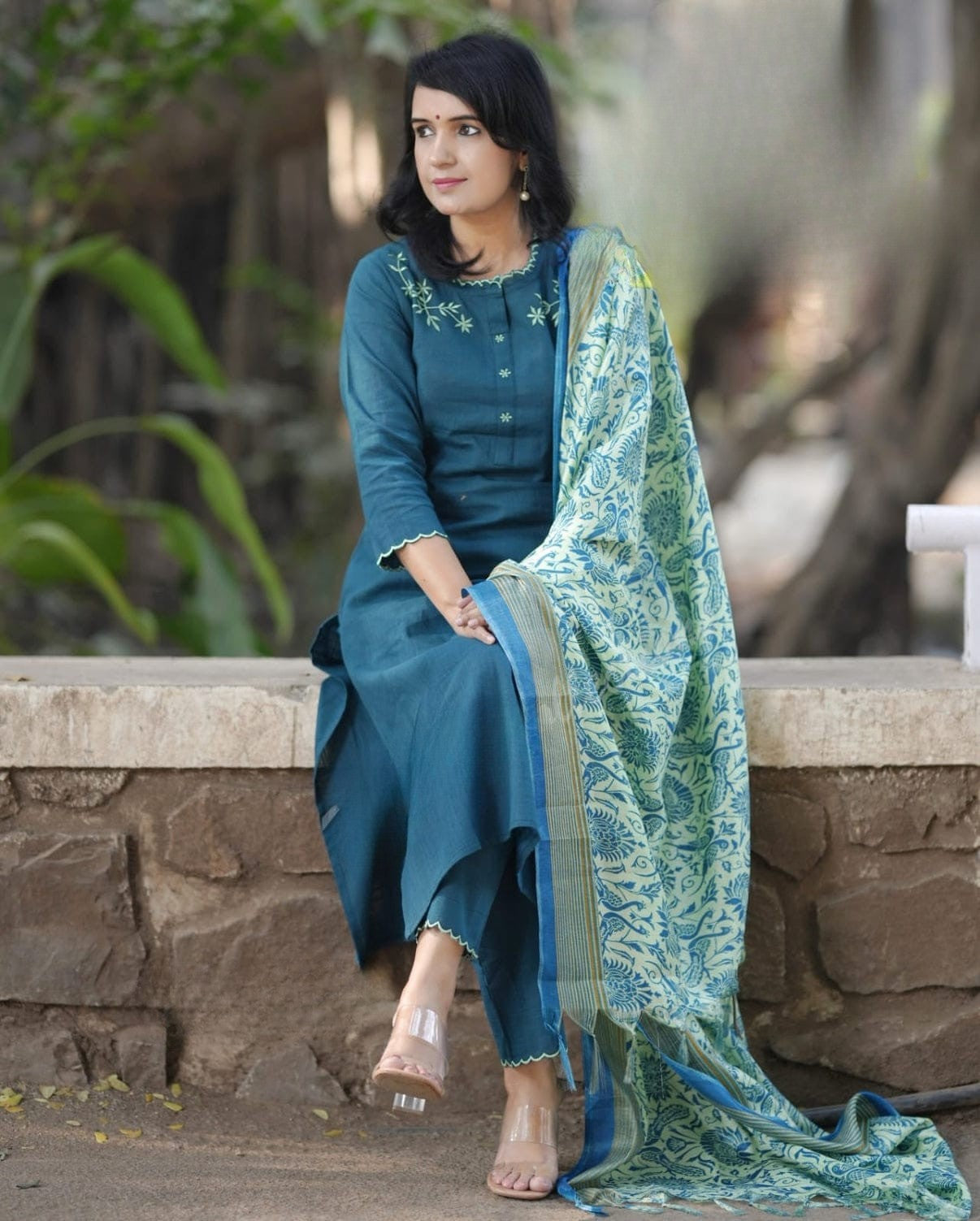 Nile Blue Embroidered Cotton Kurta and Pant Set with Dupatta