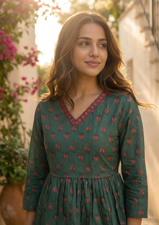 Green Floral Printed Cotton Short Kurti