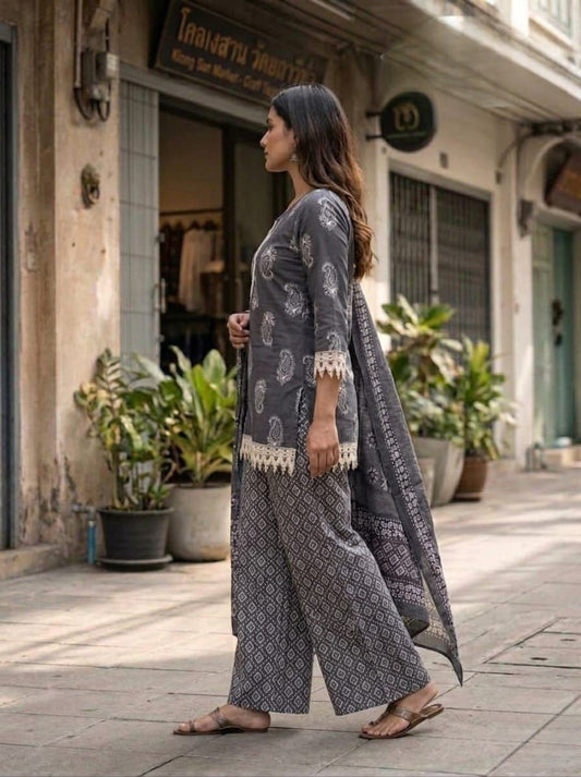 Grey Printed Cotton Farsi Salwar Suit Set with Dupatta