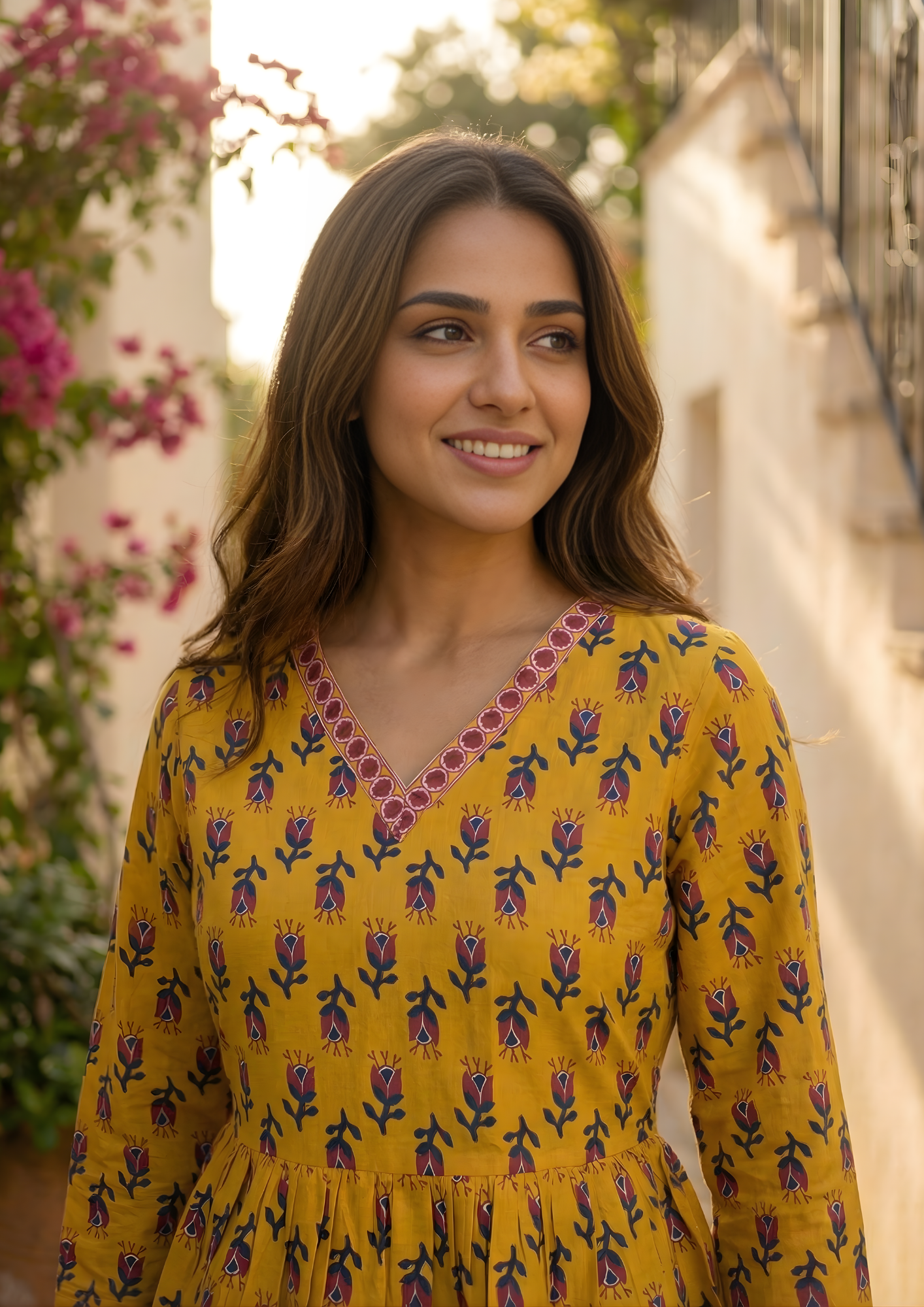 Mustard Floral Printed Cotton Short Kurti