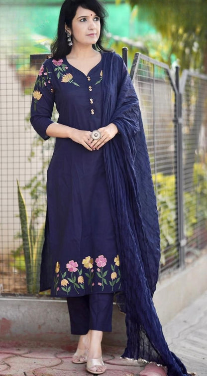 Navy Blue Embroidered Cotton Kurta and Pant Set with Dupatta