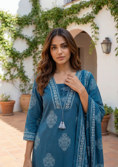 Dusk Blue Cotton Kurta And Pant Set With Mulmul Dupatta