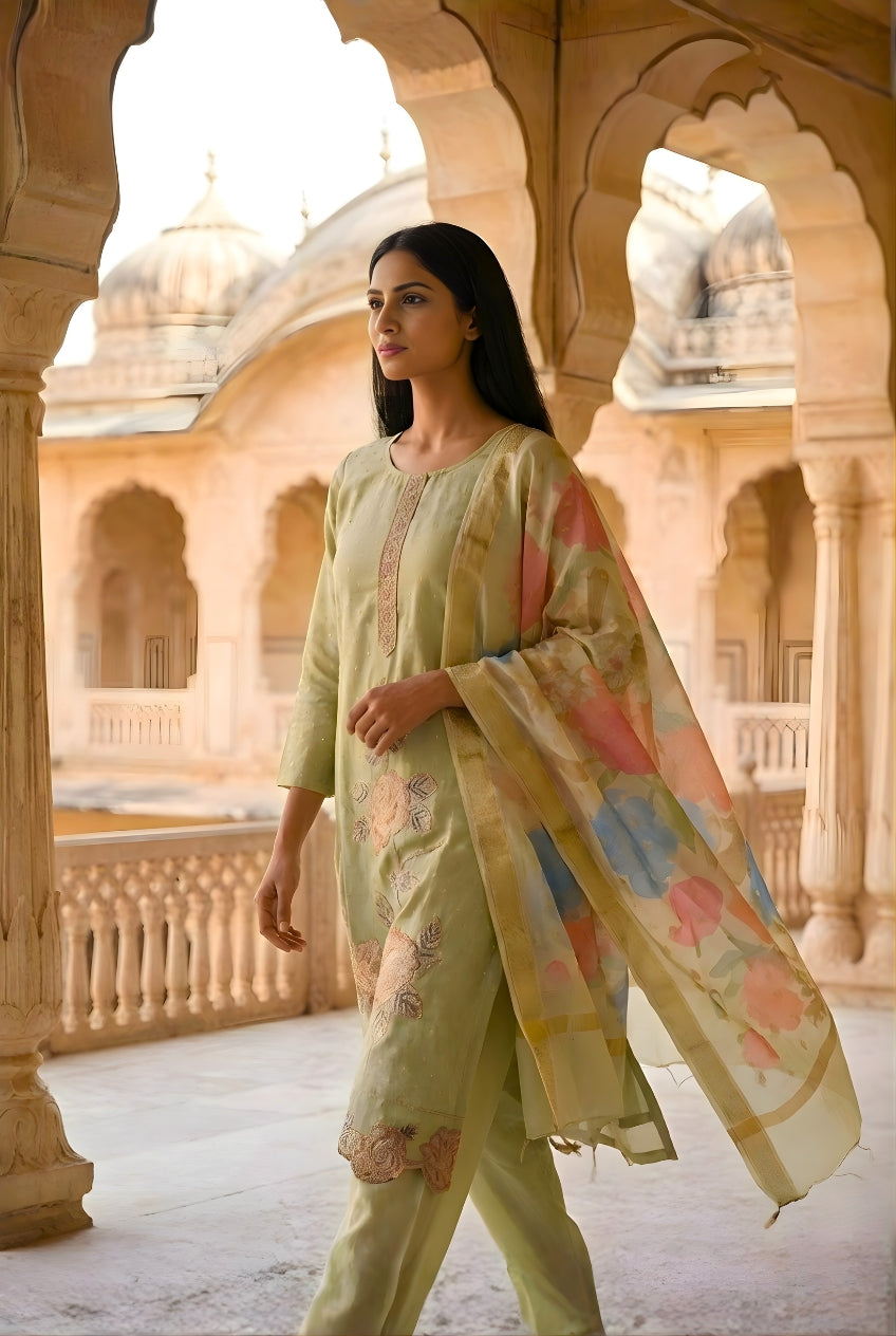 Green Smoke Embroidered Poly Jaquard Suit Set with Dupatta