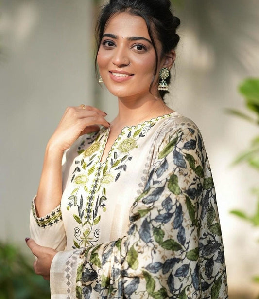 Off White Embroidered Cotton Kurta and Pant Set with Dupatta