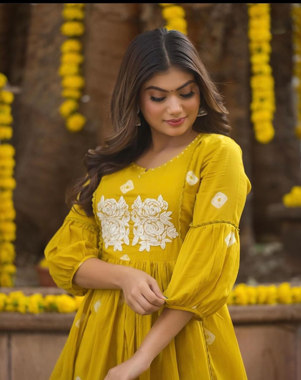 Mustard Yellow Embroidered Cotton Anarkali Kurta and Pant Set