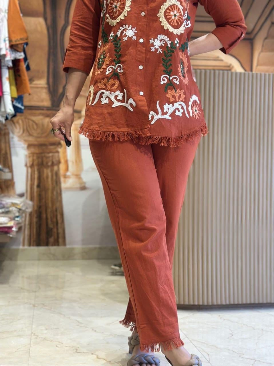 Brownish Red Embroidered Cotton Slub Co-Ord Set