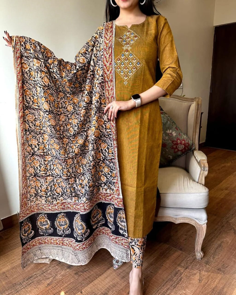 Plus Size Brown Printed Cotton Straight Suit With Dupatta