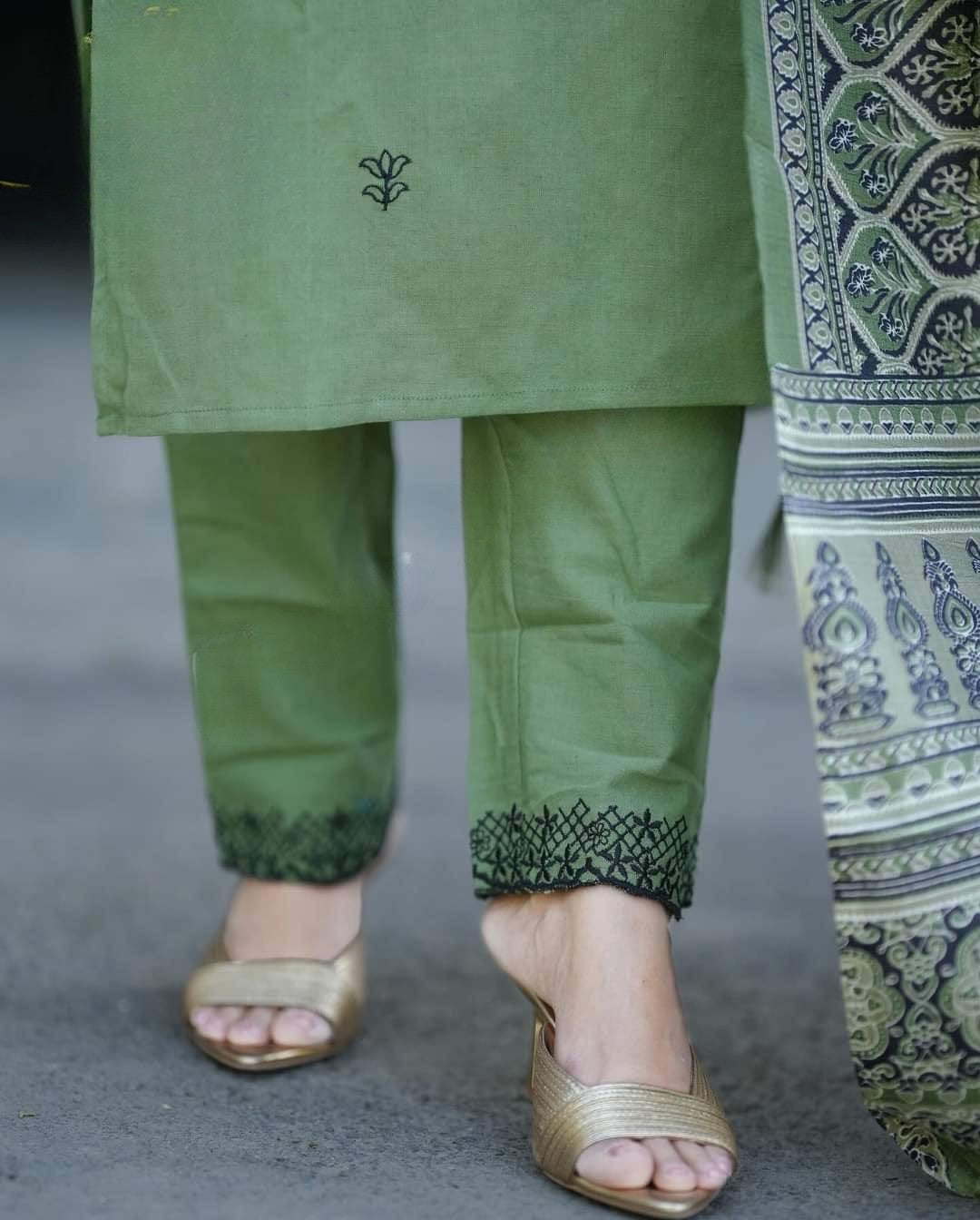 Green Embroidered Cotton Kurta and Pant Set with Dupatta