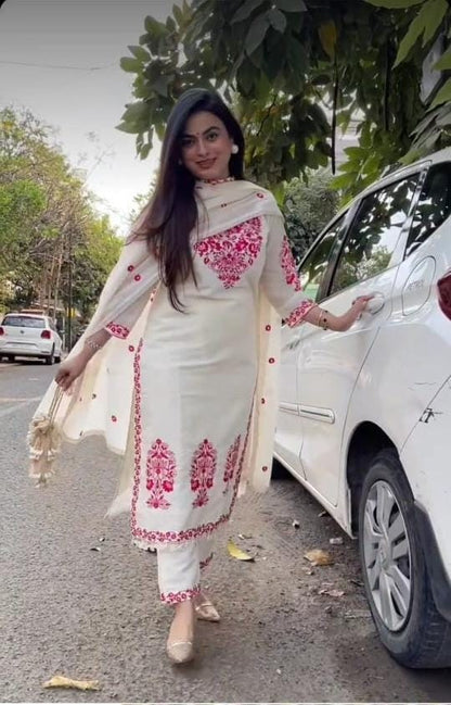 White Embroidered Cotton Kurta and Pant Set with Dupatta