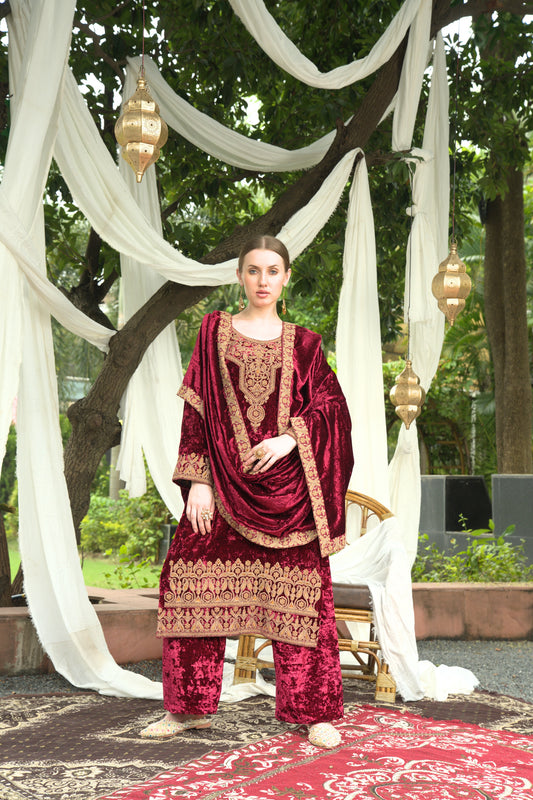 Maroon Designer Velvet Pakistani Suit Set