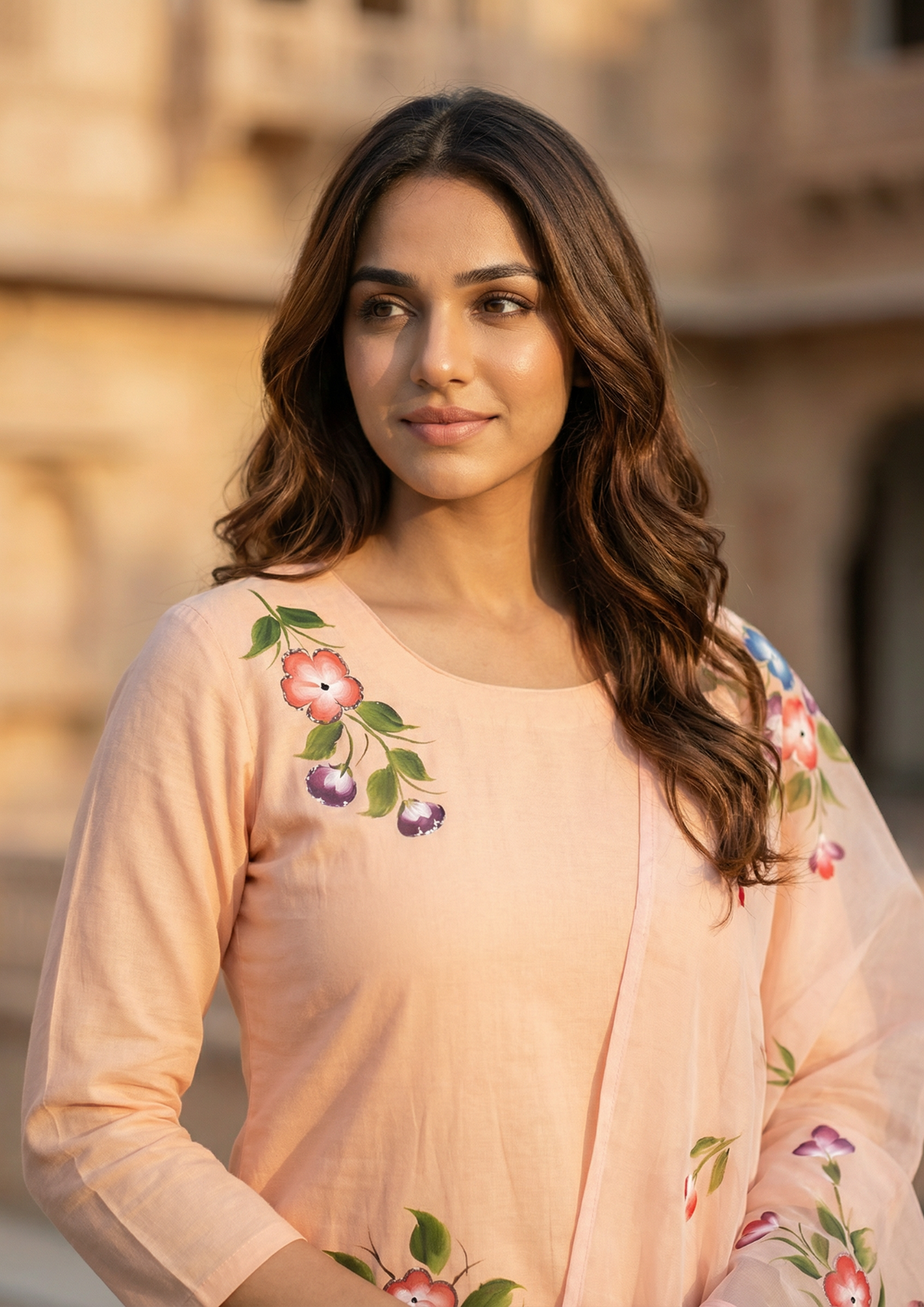 Light Peach Printed Roman Silk Kurta and Pant Set with Dupatta