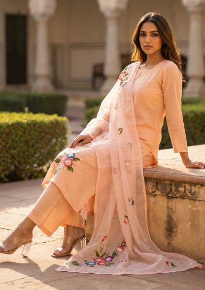 Light Peach Printed Roman Silk Kurta and Pant Set with Dupatta
