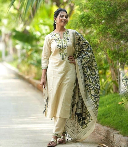 Off White Embroidered Cotton Kurta and Pant Set with Dupatta