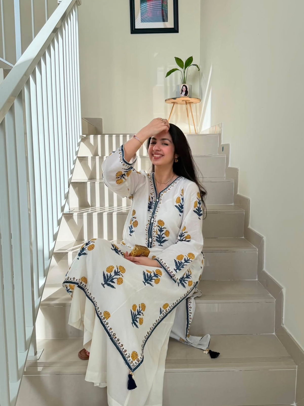 White Floral Printed Cotton Kurta and Pent Set