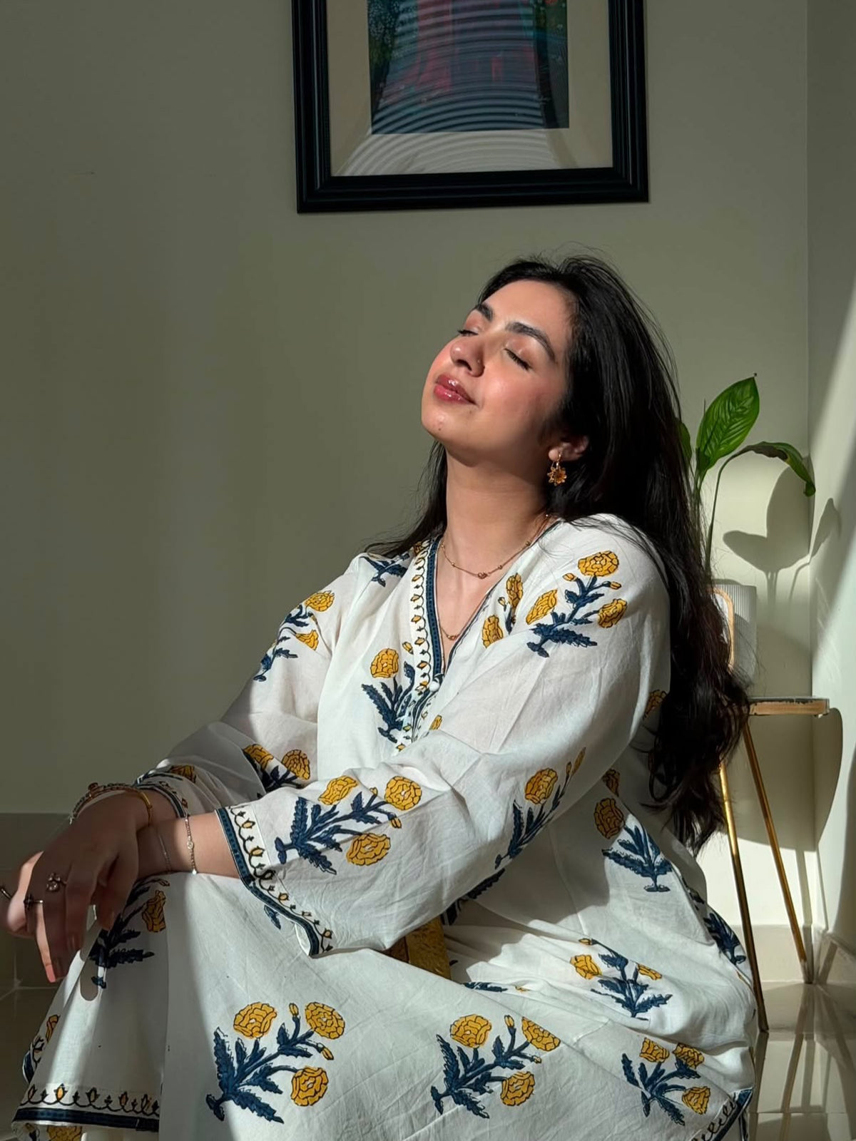 White Floral Printed Cotton Kurta and Pent Set
