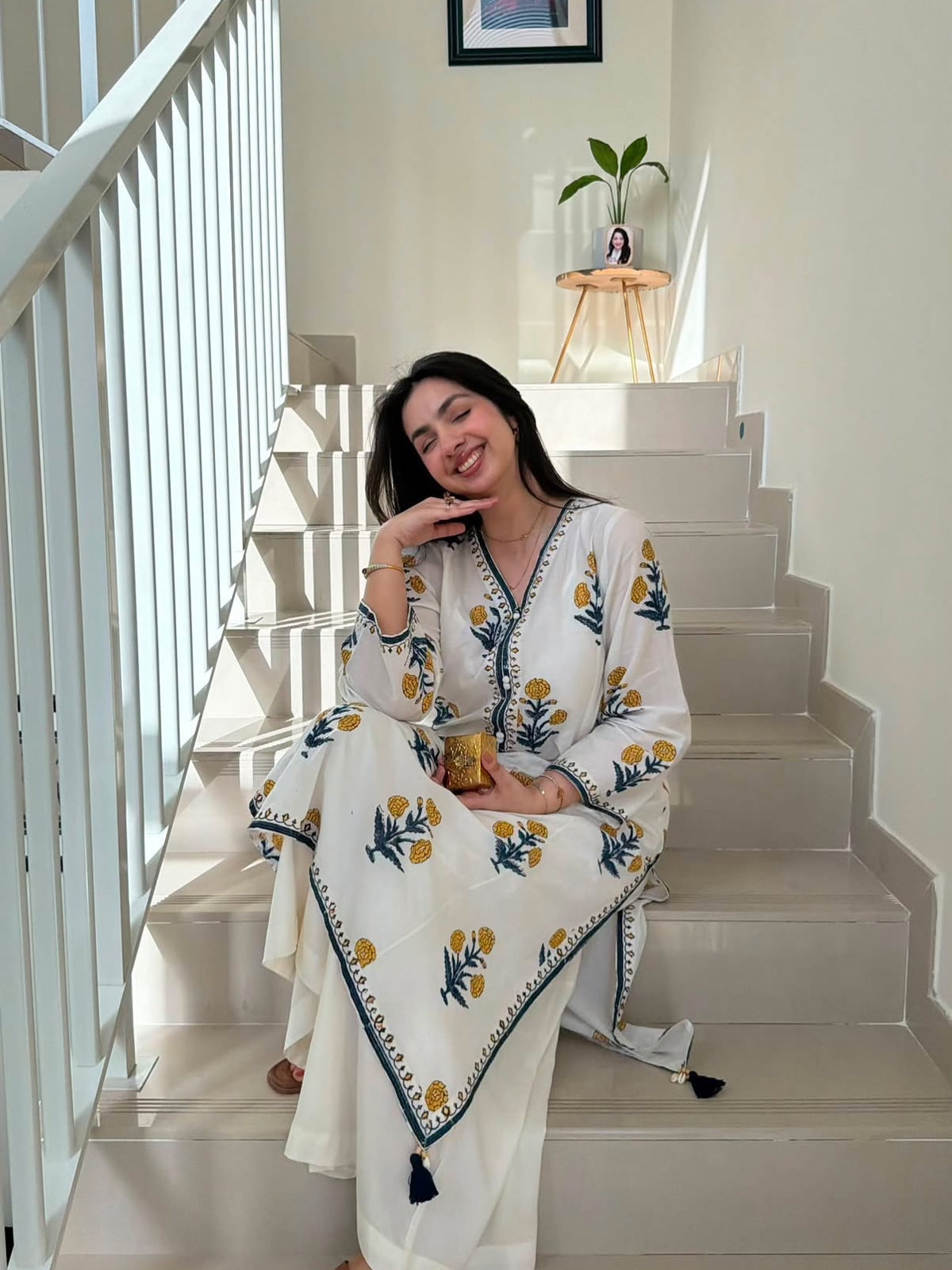 White Floral Printed Cotton Kurta and Pent Set