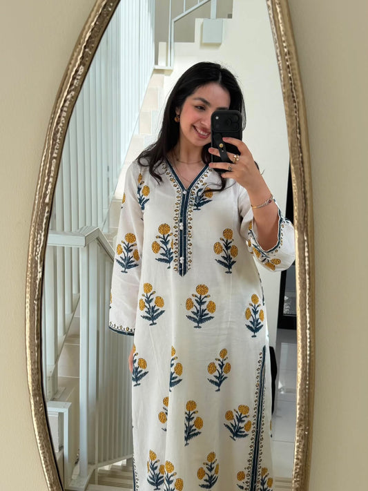 White Floral Printed Cotton Kurta and Pent Set