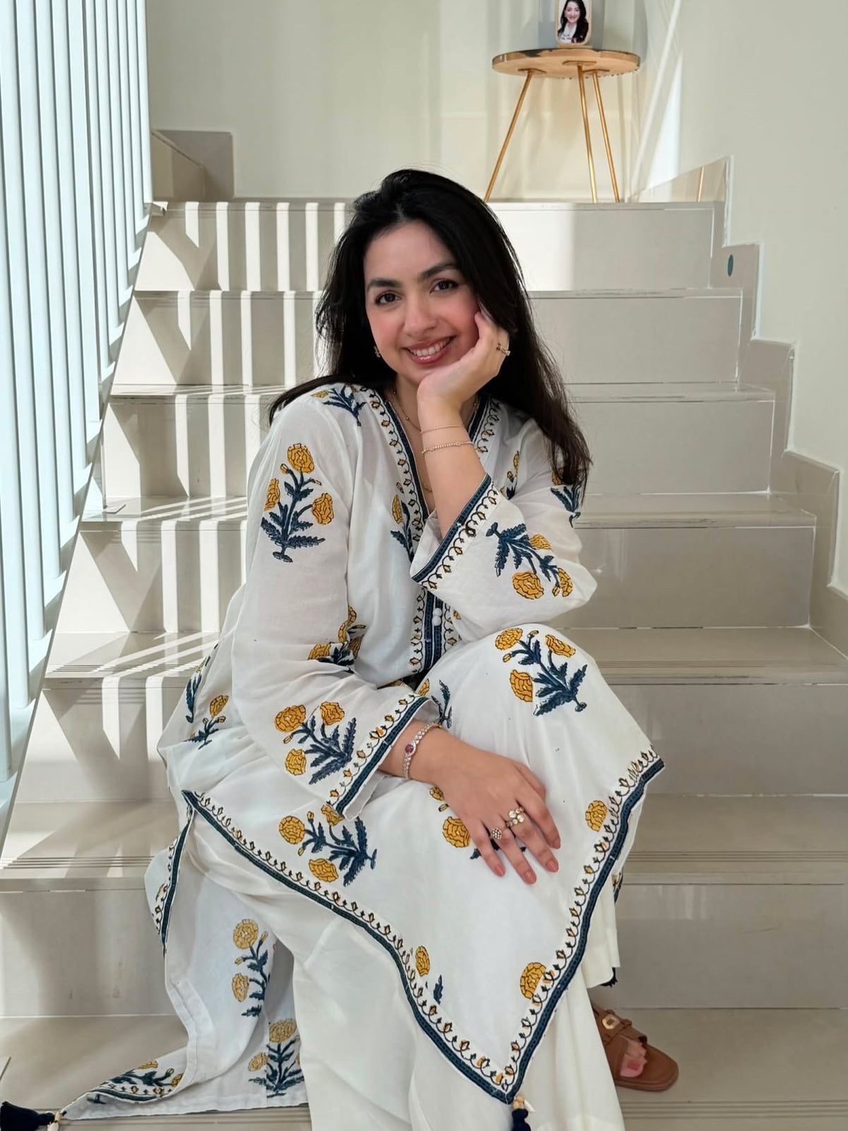 White Floral Printed Cotton Kurta and Pent Set