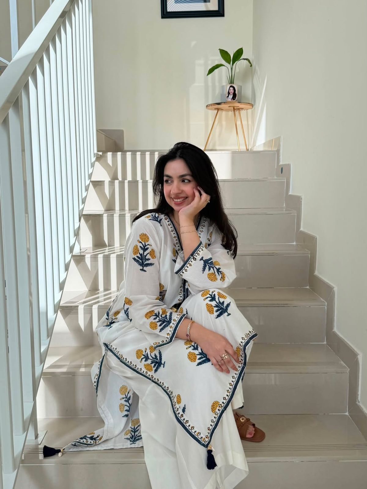 White Floral Printed Cotton Kurta and Pent Set