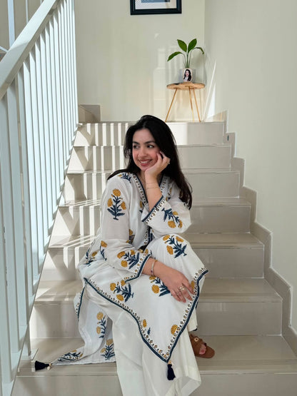 White Floral Printed Cotton Kurta and Pent Set