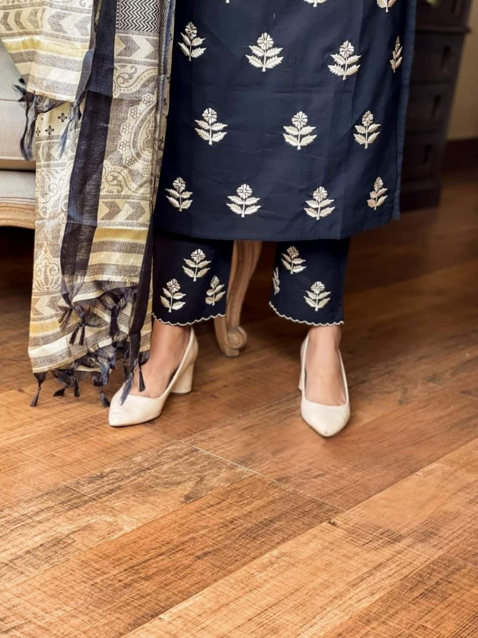 Black Embroidered Cotton Kurta and Pant Set with Dupatta