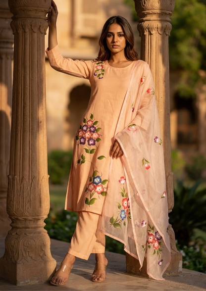 Light Peach Printed Roman Silk Kurta and Pant Set with Dupatta