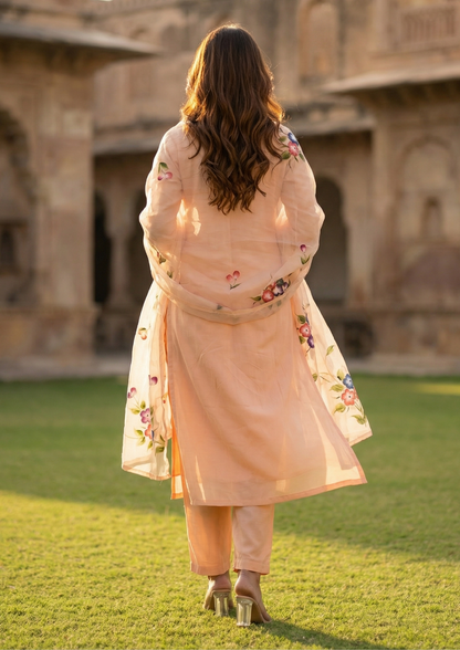 Light Peach Printed Roman Silk Kurta and Pant Set with Dupatta